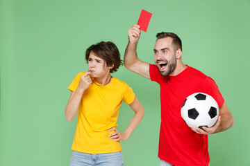 Screaming couple friends sport family woman man football fans cheer up support team with soccer...