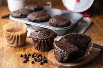 jumbo chocolate muffin on wooden background