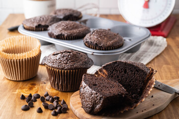 jumbo chocolate muffin on wooden background