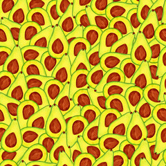 Avocado slices watercolor seamless pattern. Bright tropical fruit illustration for fabric, textile, background, cover.