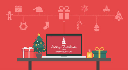 Merry Christmas and happy new year lettering on the laptop with Christmas icon and decorate with gifts, candy, cup, and Christmas tree on the table, vector flat illustration