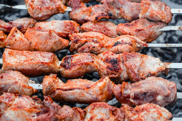 Close up of pieces of pork on skewers fried on the grill.