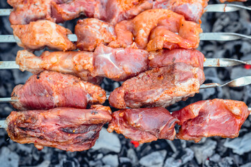Close up of pieces of pork on skewers fried on the grill.
