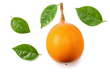 Granadilla or yellow passion fruit with green leaves isolated on white background. exotic fruit....
