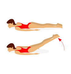 Girl in a swimsuit lying  on the floor does exercises to strengthen the muscles of the abdominal press, back and legs. Illustration isolated on white background