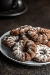 Sweet rings cookies. Biscuits with cocoa flavor sprinkled with sugar.
