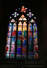 Stained glass Windows in the Cathedral of St. Vitus, Wenceslas and wojtech in Prague Hradcany on a Sunny day.