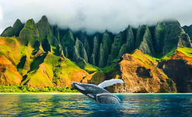 Whale watching sunset cruise tour at Na Pali Coast, Kauai island, Hawaii travel destination. Amazing breaching humpback whale from water at Napali mountains landscape. - obrazy, fototapety, plakaty