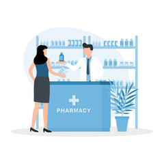 Pharmacist doctor and patient in the drugstore. Woman buys drugs at a pharmacy.