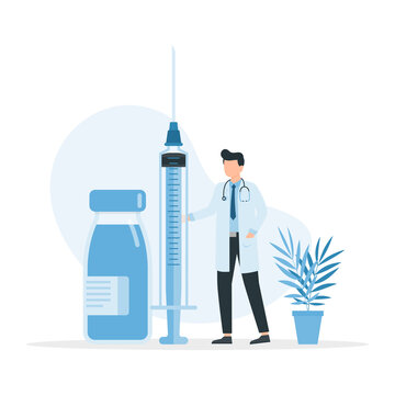 Doctor holding medical injection syringe. Medicine healthcare concept.
