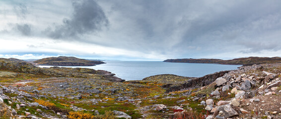Panoramic views of the sea bay and rocky shores at low tide. Far North, Barents Sea in Russia.