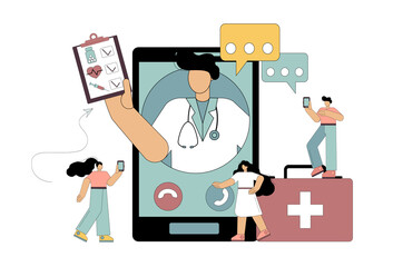 Flat people go to the doctor, get advice by phone. Quarantine measures. Vector isolated illustration.