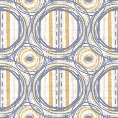 Seamless french blue yellow farmhouse style polka dot texture. Woven linen cloth pattern circle background. Dotted closeup weave fabric for kitchen towel material. 