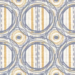 Foto op Aluminium Landelijke stijl Naadloze Franse blauw gele boerderij stijl polka dot textuur. Geweven linnen doek patroon cirkel achtergrond. Gestippelde close-up geweven stof voor keukenhanddoekmateriaal.
