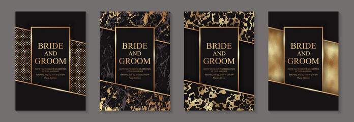 Modern abstract luxury background design or card template for birthday greeting or wedding invitation or poster with golden textures and glitter on a black background.