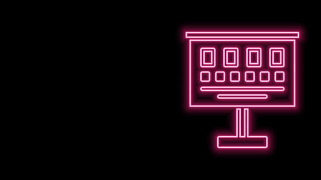 Glowing neon line Eye test chart icon isolated on black background. Poster for vision testing in ophthalmic study. Snellen chart. 4K Video motion graphic animation