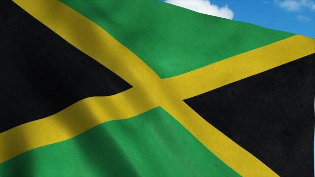 Jamaica flag waving in the wind, blue sky background. 4K