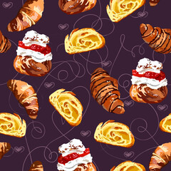 seamless pattern with cakes, croissants