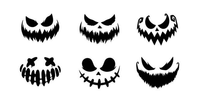 Scary and funny faces of Halloween pumpkin or ghost . Vector collection.	