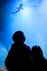 Silhouettes of two kids wathing swimming shark at underwater aquarium