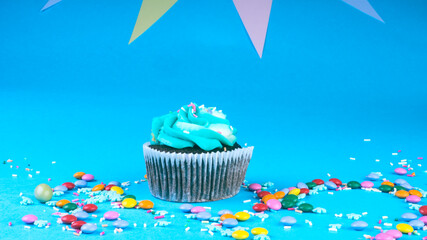 Cupcake decorated with sugar snowflakes, colorful candies