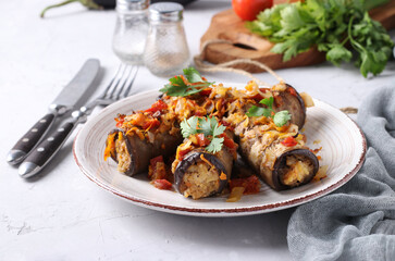 Baked eggplant rolls with chicken, onions and carrots in plate on gray background. Close-up.