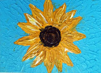 Sunflower on blue background - Yellow flower  on blue background - acrylic paintings