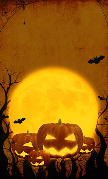 3d illustration Happy pumpkins on orange halloween background with full moon Bat and spider The illustrations can be used for the kids' holiday design, cards, invitations and banners