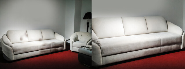  Leather clean and dirty sofa before and after. Dust, neatness.