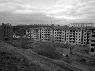 black and white shots abandoned places in Russia North of Russia khrushchevki