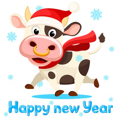 Bull runs on a white background, a symbol of the new year. Happy new 2021 year, postcard. Bull christmas