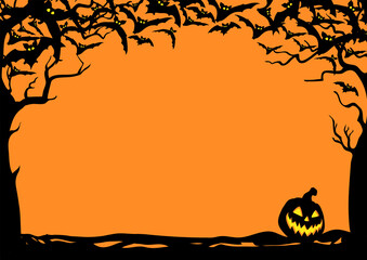 Halloween night frame with bats and Jack O' Lanterns. Vector poster illustration.