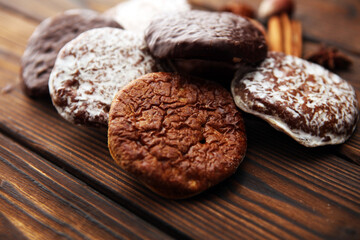 Typical German Gingerbreads such as Lebkuchen and Aachener Printen on rustic