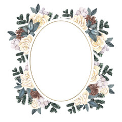 Watercolor Christmas illustration with flowers, leaves, berries, fruits and branch, isolated on white background