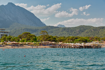 Beautiful view of blue sea and mountains in Kemer, Turkey. Travel and vacation