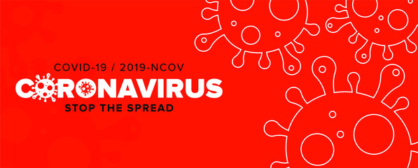 Coronavirus Covid-19 Virus Logo and Banner with Bacteria Icon Vector. Background with corona virus covid19 bacteria cells. Horizontal banner, poster, Icons, header for website
