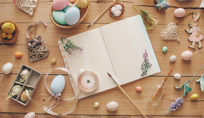 Easter books. Easter concept. Eggs. Wooden table. 