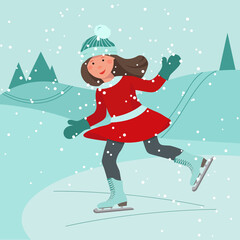 Obraz na płótnie Canvas Cute girl ice skating. Christmas card. Little skater, girl skating on ice.