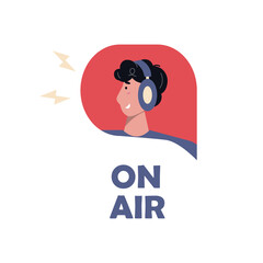 Man's head in headphones icon. Podcast, broadcast record or listening