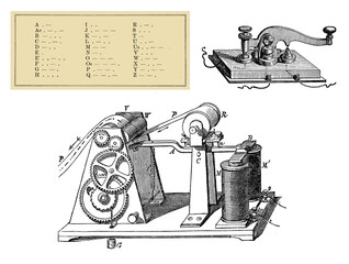 Vintage technology:Morse telegraph transmitter and Morse code - obrazy, fototapety, plakaty