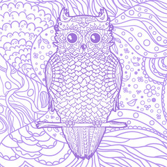 Square pattern with patterned owl. Design Zentangle. Hand drawn mandala with abstract patterns on isolation background. Colorful art