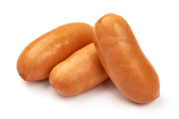 Fresh boiled sausages with basil, isolated on white background