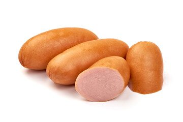 Fresh boiled sausages with basil, isolated on white background