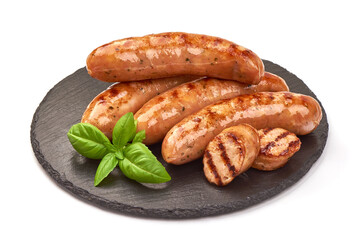 Grilled german bratwurst sausages, isolated on white background
