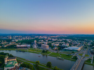 Aerial view of Krakow city in Poland during a sunset