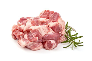 Raw pork pieces, isolated on white background