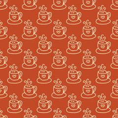 Seamless pattern with lots of cups with tea or coffee Seamless pattern for fabric, wallpaper, banner or wrapping paper. Hand drawn style.