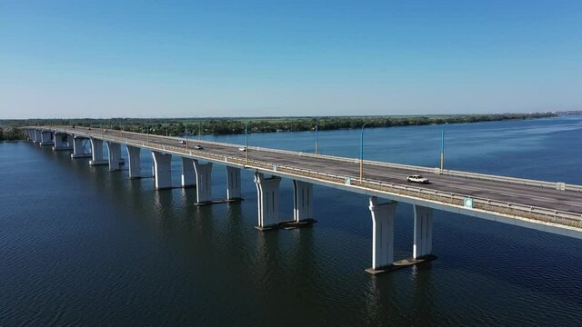 The Antonovsky bridge in Kherson city aerial view. Close-up