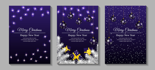 Fototapeta na wymiar Set of banners for Merry Christmas and Happy New Year. Christmas balls, garlands, fir branches, snowflakes and gift boxes. A4 vector illustration for invitation, poster, banner, greeting card, cover.
