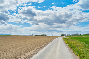 Country road - spring landscape with road and fields.  
